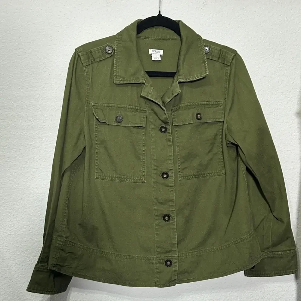 J. Crew 100% Cotton Button-Front Safari Shirt Jacket Shacket Sz Small Army Green